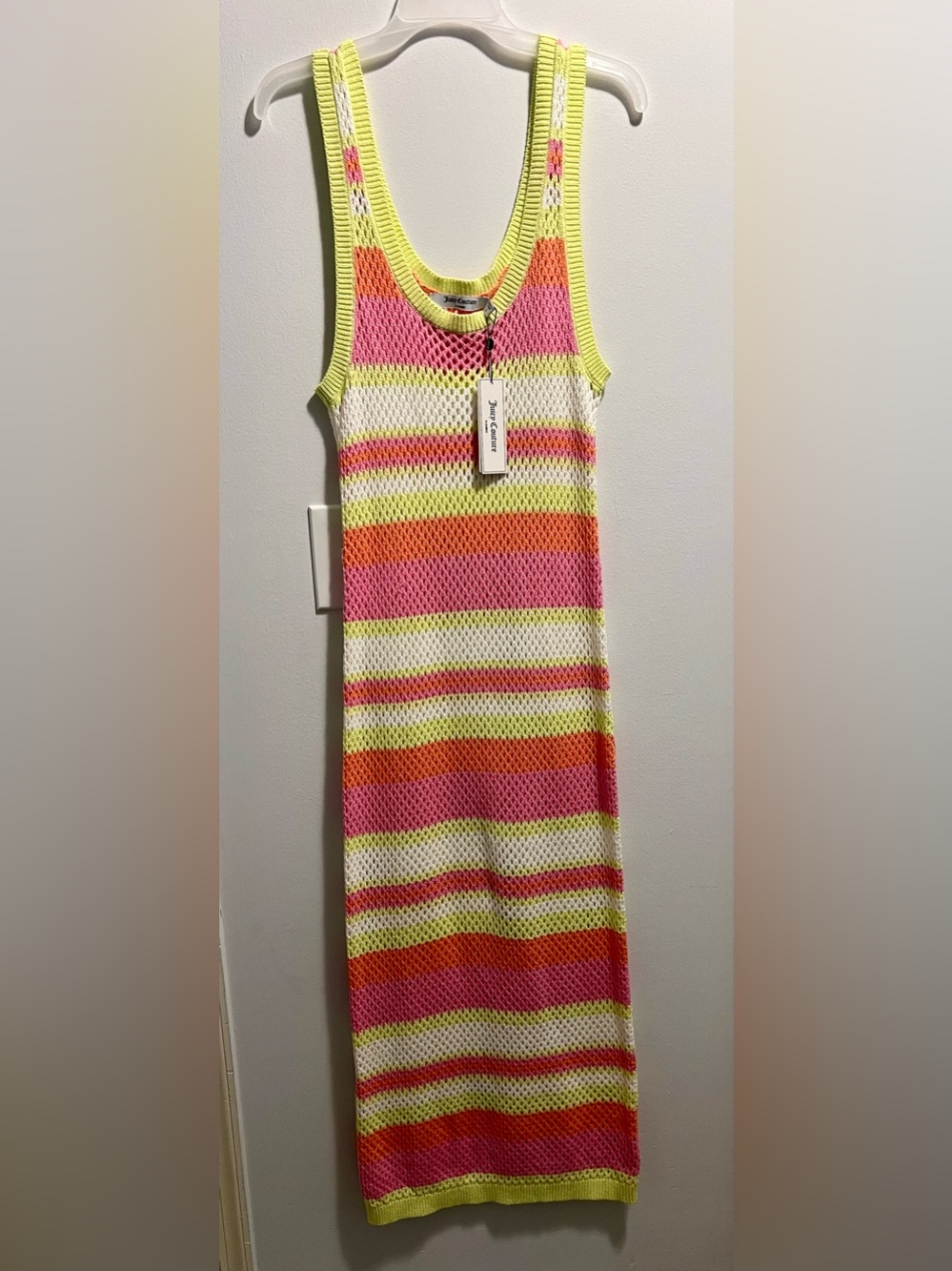 NWT Juicy Couture Women’s Crochet Mesh Stripe Tank Dress Pink, Yellow Orange L